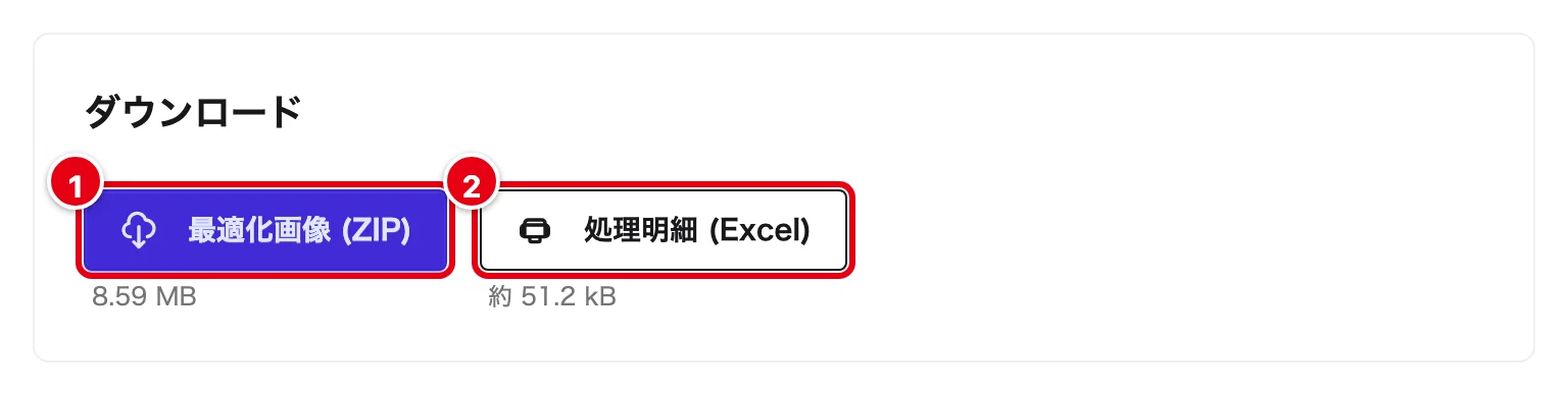 ダウンロード。最適化画像（ZIP）8.59 MBに1、処理明細（Excel）約51.2 kBに2の印