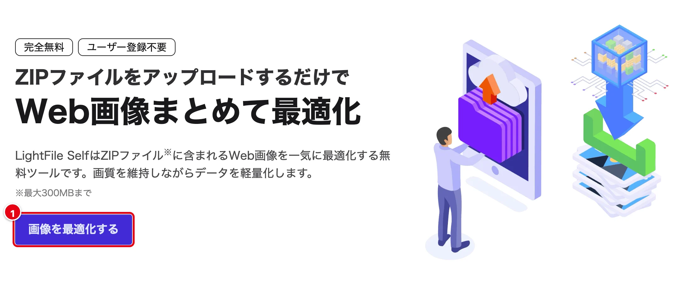 LightFile Self のトップページ。「画像を最適化する」ボタンに1の印