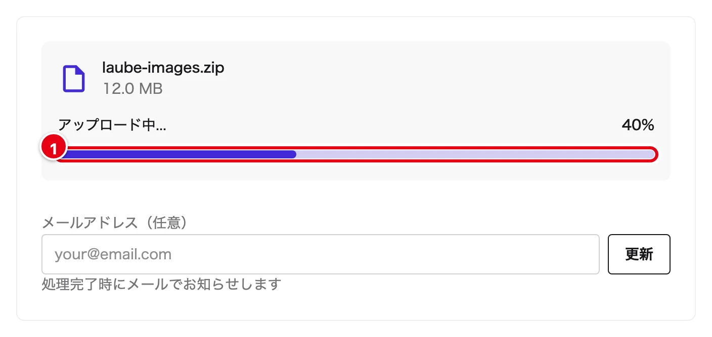 アップロード中の画面。ファイル名 laube-images.zip、12.0 MB、進み具合40%