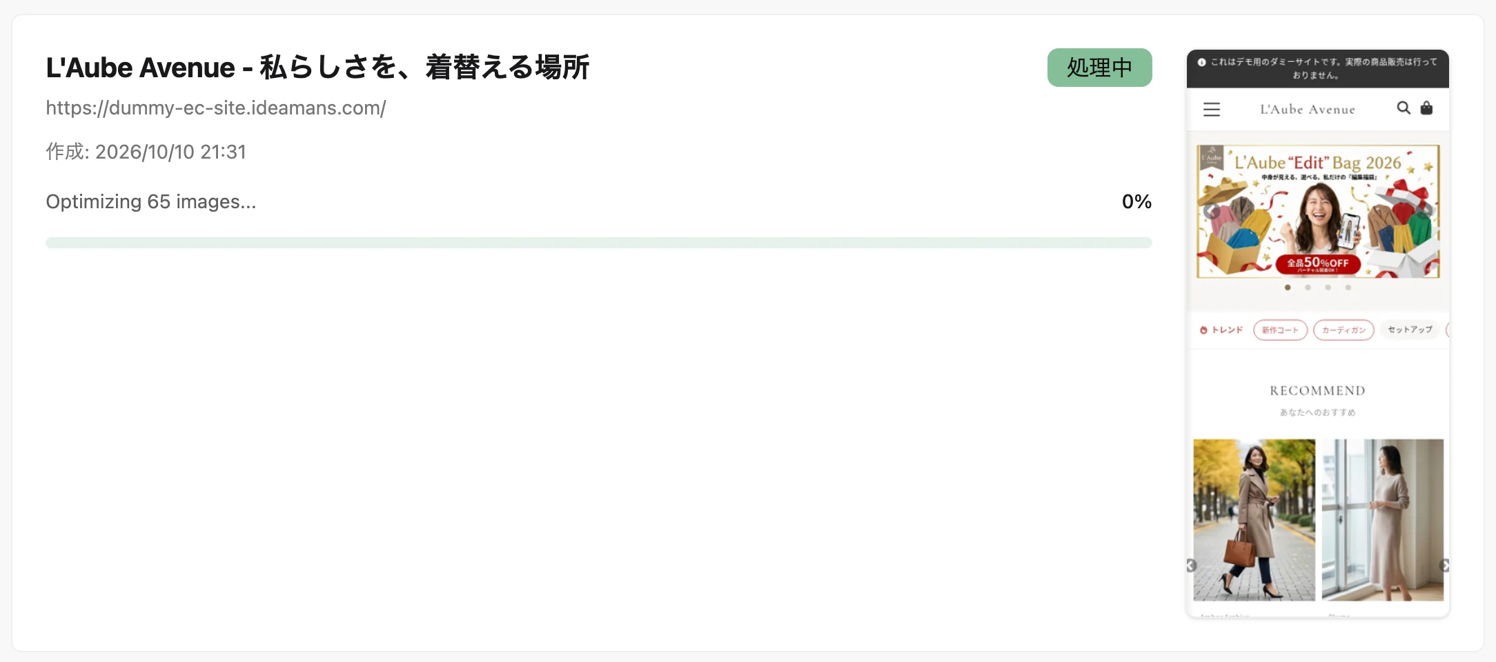 処理中の画面。ページのタイトルとサムネイル、「Optimizing 65 images...」と進み具合のバー