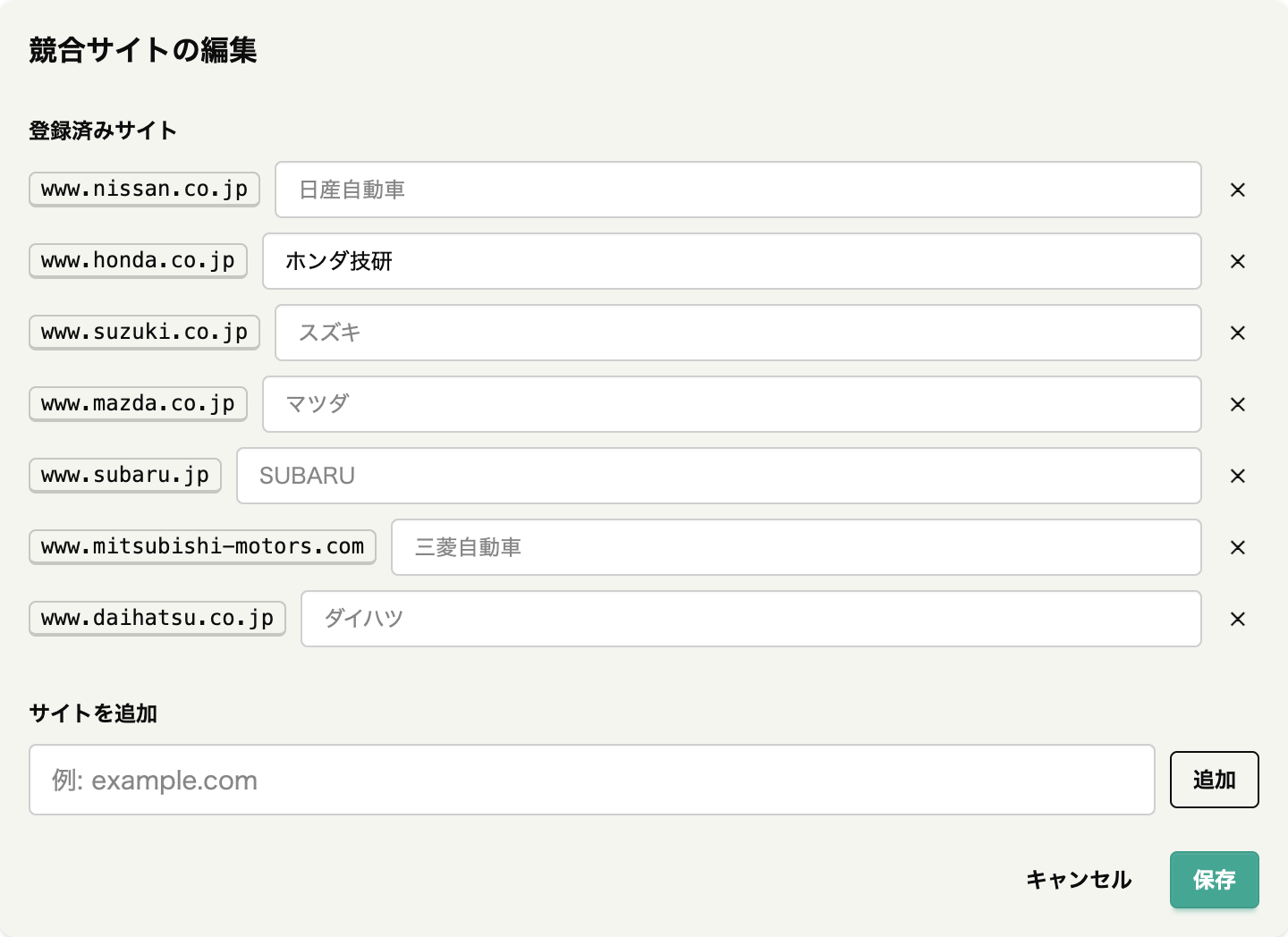カスタムレポート - 競合サイトの編集画面